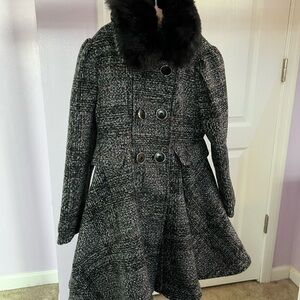 Rothschild Black Tweed Pea Coat with Faux Fur Collar